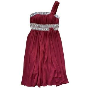 May Queen Couture Beaded Sequined Ruched One Shoulder Dress Maroon Silver Size 4